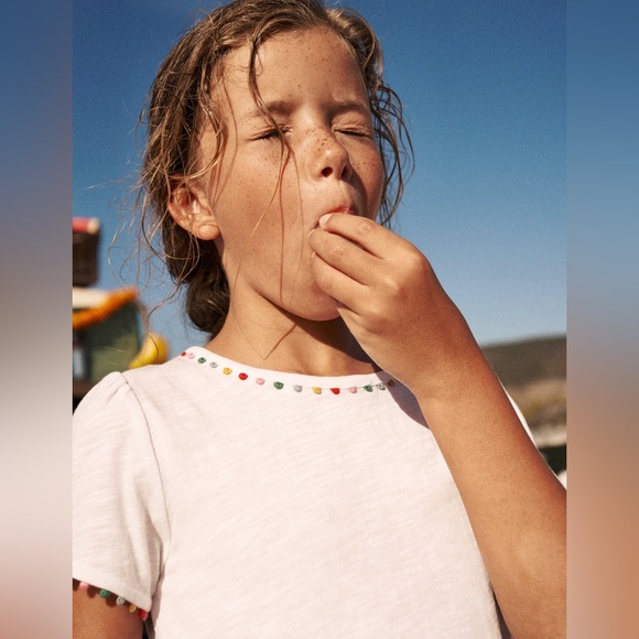 NWT Mini Boden Ali Puff Sleeve Top Pom White 100% Cotton T-Shirt, size 13-14Y - Picture 3 of 10